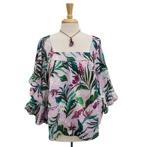 Terra & Sky Lavender Tropical Ruffle Sleeve Blouse Womens 2X Boho‎ Floral Top